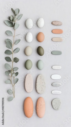 Flat lay of pastel easter eggs and organic shapes on soft surface
