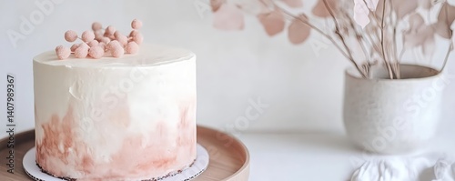 Minimalist cake with soft pink and white icing topped with sugar balls, next to a neutral vase with dried flowers