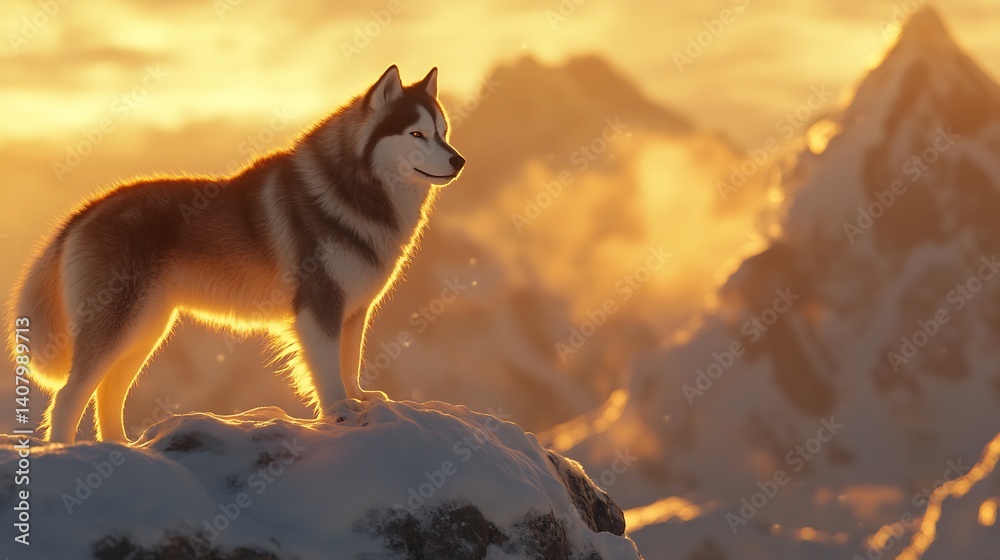 Majestic Alaskan Malamute standing atop snowy mountain peak thick fur glowing golden sunlight wind slightly ruffle coat emphasizing powerful build endurance breathtaking winter landscape cinematic