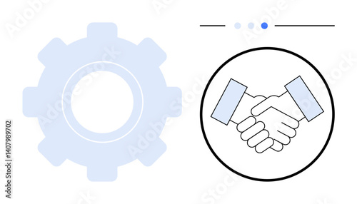 Handshake inside circle next to gear cog, representing partnership and productivity. Ideal for teamwork, collaboration, business, negotiations, productivity, synergy, and a simple landing page