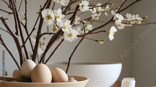 Bowl with natural eggs and blooming cherry twigs in soft neutral kitchen setting