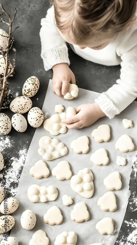 Child decorating cookies with icing next to Easter eggs on dark table