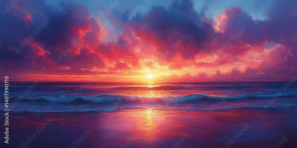 Obraz premium Dramatic orange sunset over the ocean with vibrant clouds and reflections on calm water