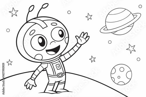 Coloring Pages, a friendly alien waving hello, colorless, uncolored, black and white