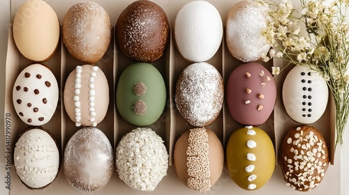 Top view of assorted decorated pastries resembling Easter eggs in a neutral palette