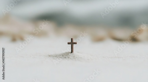 Tiny cross standing in white sand with blurred background in soft tones