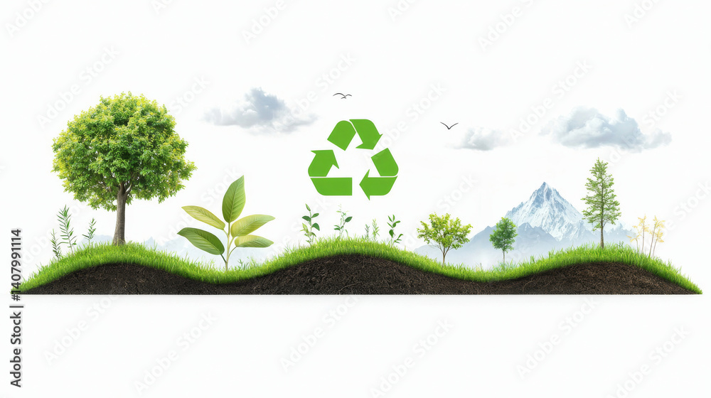 Fototapeta premium Flat Design Illustration of an Energy Life Cycle Featuring Trees, Leaves, Mountains, and Recycling Symbol on Light Background