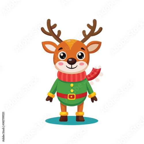 illustration of a cute christmas reindeer with a happy expression, and wearing a christmas scarf and hat. With an isolated blue background. Great for logos, t-shirt designs, greeting cards, etc photo