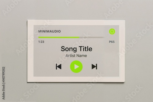Modern minimalist audio player design with song title displayed in green accents