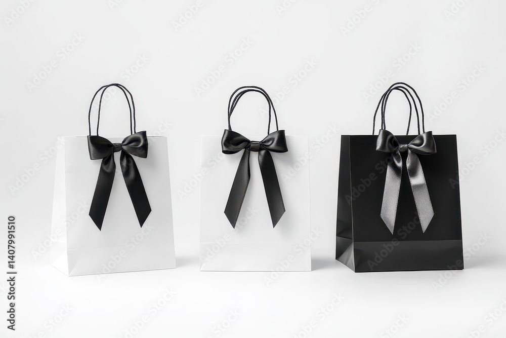 Black And White Ribbon. Blank Paper Shopping Bag Mockup for Advertising and Branding on White Background