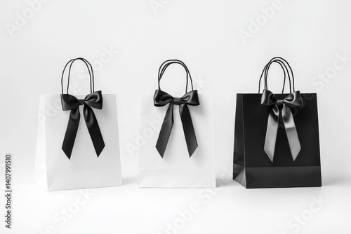 Obraz na płótnie Black And White Ribbon. Blank Paper Shopping Bag Mockup for Advertising and Branding on White Background w salonie