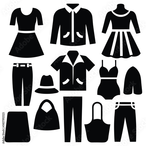 Black Silhouette Icons of Various Clothing Items Vector Set