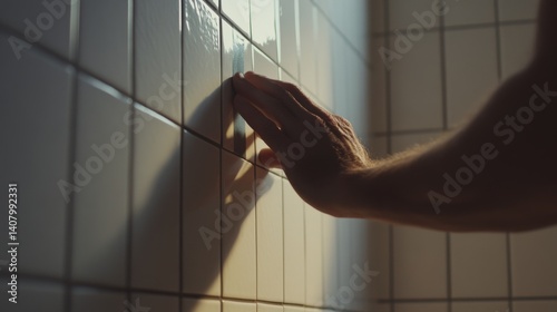 Tile setter placing tiles on a bathroom wall. Featuring precision and neatness