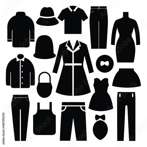 Black Silhouette Icons of Various Clothing Items Vector Set