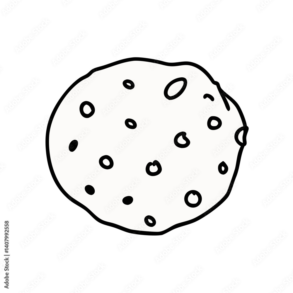 Hand-drawn Cookie Outline: A simple black-and-white line drawing presents a rustic cookie, with irregular edges and small dark speckles. The image captures the charm of homemade sweets. Hand-drawn Cookie Outline: A simple black-and-white line drawing presents a rustic cookie, with irregular edges and small dark speckles. The image captures the charm of homemade sweets.