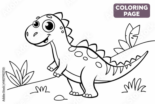 Coloring Pages, a friendly dinosaur with big, round eyes, uncolored, black and white