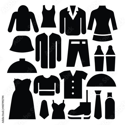Black Silhouette Icons of Various Clothing Items Vector Set