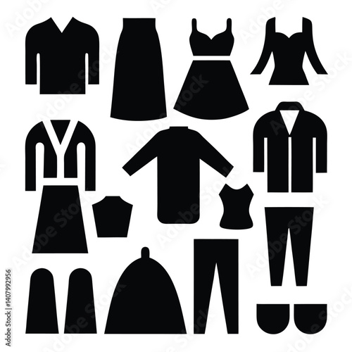 Black Silhouette Icons of Various Clothing Items Vector Set