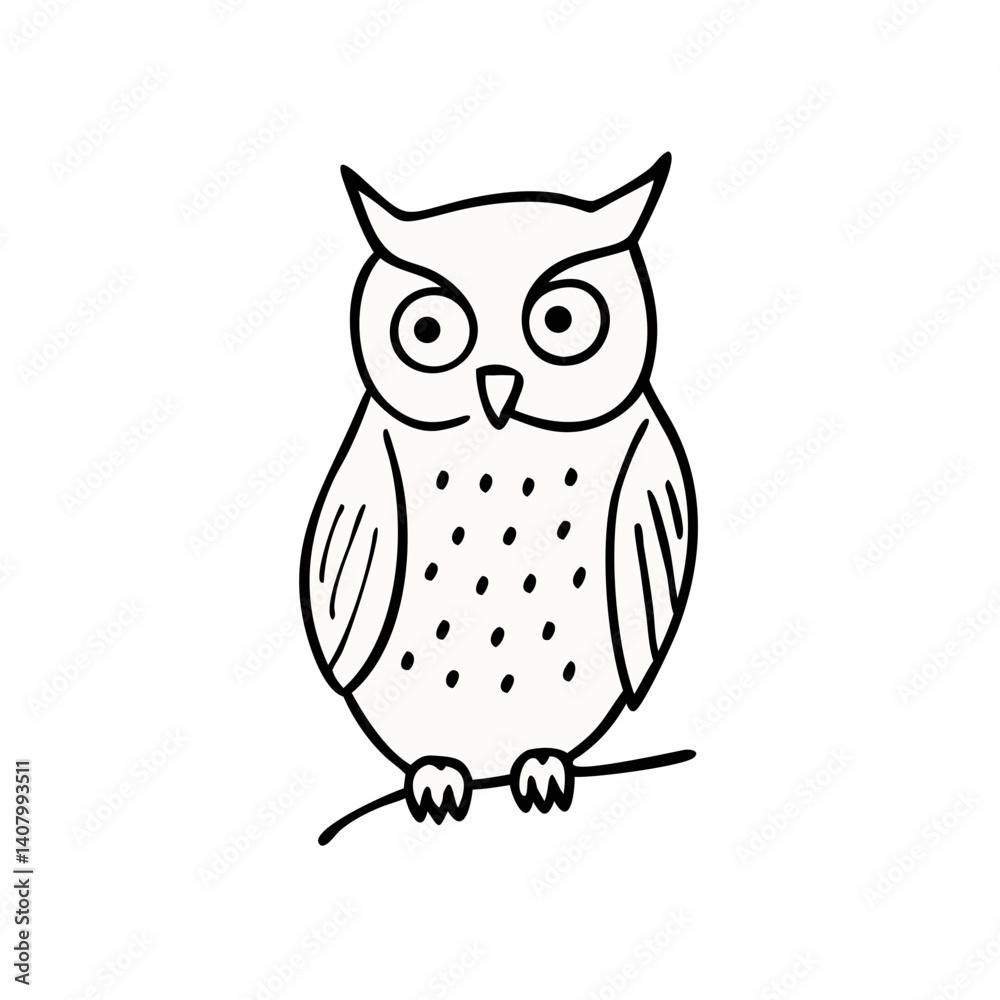 Fototapeta premium Wise Observer: A simple, yet captivating, illustration of an owl perched regally, its large eyes conveying wisdom and observation. This monochromatic portrayal, a perfect symbol of intelligence.