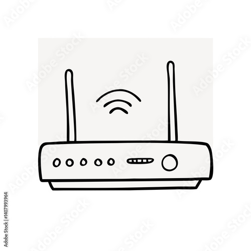 Wireless Router Doodle: A simple hand-drawn illustration of a wireless router with antennas extended and wifi signal icon above, representing connectivity and network access. 