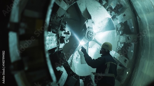 Tunnel boring machine technician inspecting cutter head at a metro site. Featuring engineering and expertise