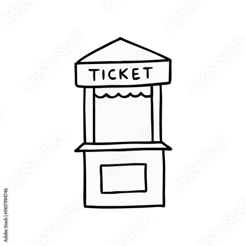 Ticket Booth Doodle: Hand-drawn illustration of a simple, charming ticket booth, perfect for use in design projects relating to travel, events, or entertainment.
