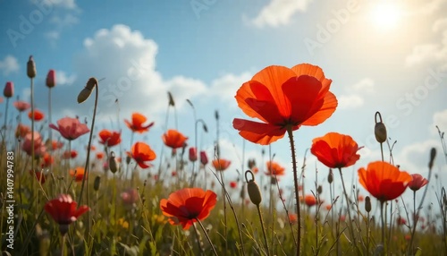 Blooming Poppy Field Under Bright Sky a Summer Day Landscape