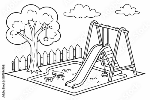 Coloring Pages, a fun playground with swings and a slide, colorless, uncolored, black and white