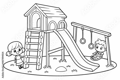 Coloring Pages, a fun playground with swings and a slide, colorless, uncolored, black and white