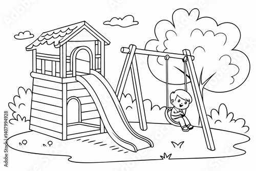 Coloring Pages, a fun playground with swings and a slide, colorless, uncolored, black and white