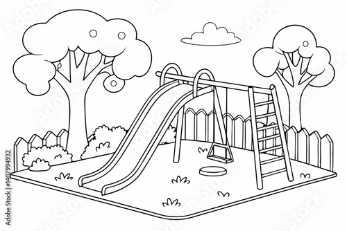 Coloring Pages, a fun playground with swings and a slide, colorless, uncolored, black and white