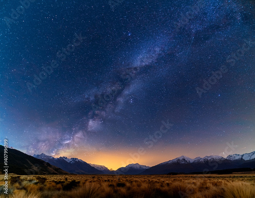 The clear, starlit sky over a remote New Zealand landscape showcasing the brilliance of the southern hemisphere stars.