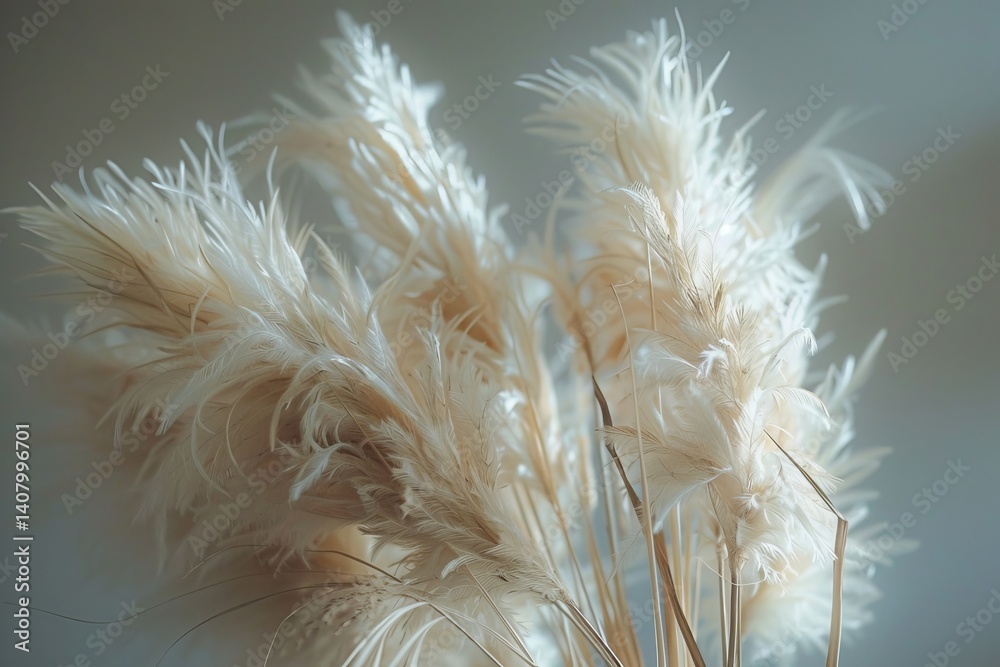 Fototapeta premium Soft and elegant artistic abstract dried pampas grass arrangement in neutral tones displayed indoors. Still life on a gray background. With copy space