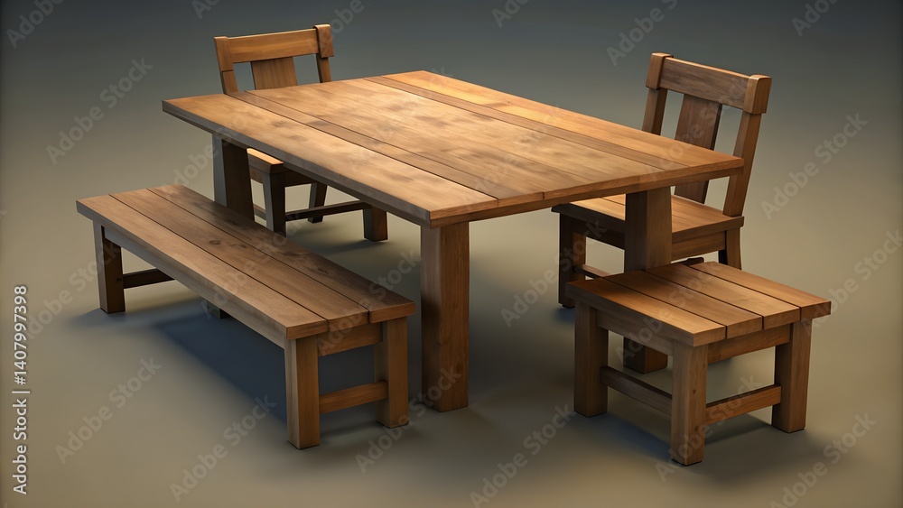Wooden table and chairs, brown wood furniture for dining or kitchen, isolated on white Wooden table and chairs, brown wood furniture for dining or kitchen, isolated on white