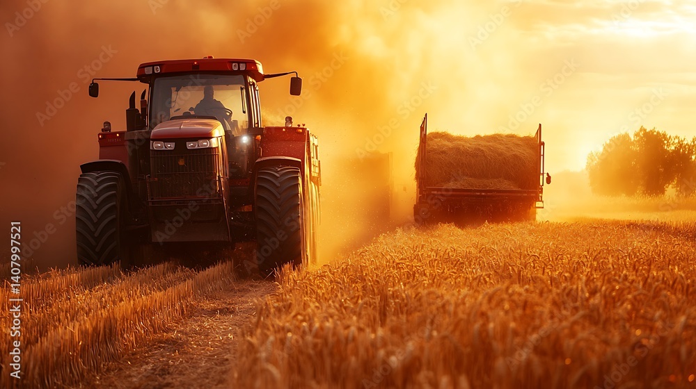 Fototapeta premium Tractor Harvesting Wheat at Sunset, A red tractor harvesting wheat in a golden field at sunset, creating a dusty atmosphere