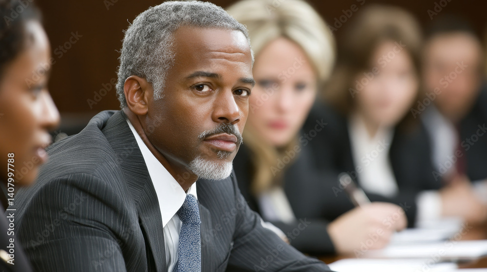 focused man in suit listens intently during meeting, surrounded by colleagues. atmosphere is serious and professional, highlighting importance of discussion