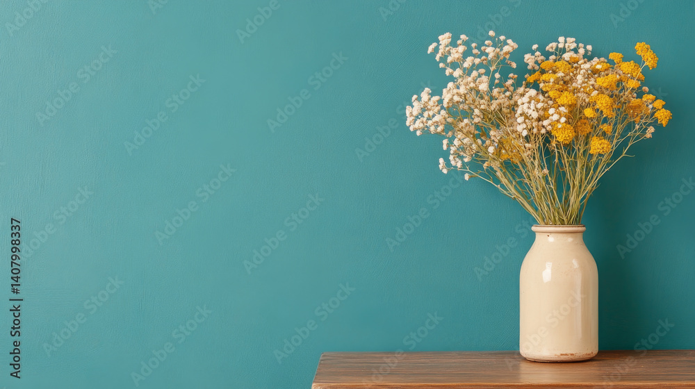 beautiful arrangement of dried flowers in cream vase against teal wall, adding touch of warmth and color to space