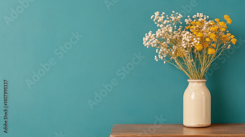 Obraz na płótnie beautiful arrangement of dried flowers in cream vase against teal wall, adding touch of warmth and color to space w salonie