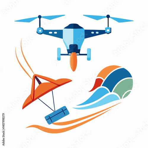 Vector airplane icons depict summer travel and aviation, flying over sea and sky