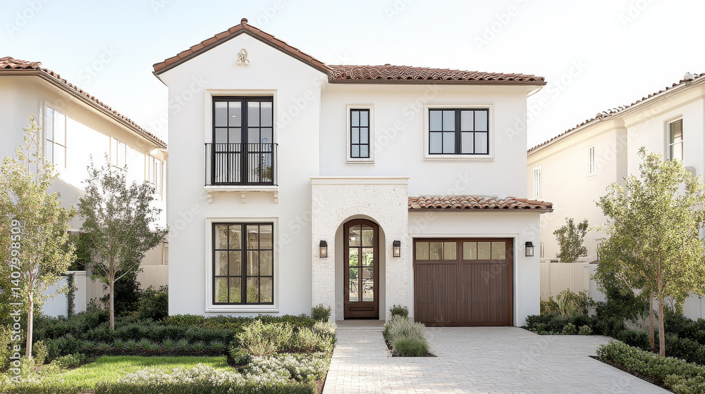 Modern two story house with tiled roof, large windows, and welcoming entrance. Surrounded by greenery, it exudes elegance and charm