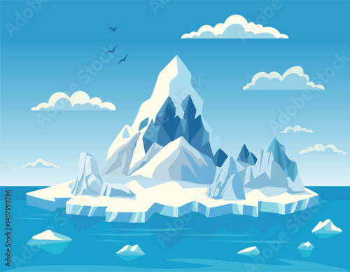 A vector illustration of a cold arctic landscape featuring a large iceberg surrounded by ocean water, floating ice chunks, and a clear blue sky with clouds and birds