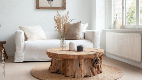 Obraz na płótnie cozy living room featuring rustic wooden coffee table, white sofa with cushions, and decorative elements. warm atmosphere invites relaxation and comfort w salonie