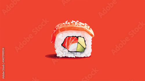Colorful Cartoon Sushi Illustration on Red Background for Food Concept Design
