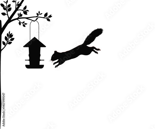 A silhouette vector art piece that captures a squirrel jumping onto a bird feeder, blending design and illustration.
