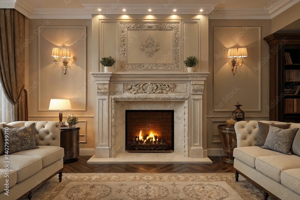 Fototapeta premium Witness the grandeur of a living room with an elegant fireplace featuring intricate details and cozy seating arrangements for relaxation at dusk