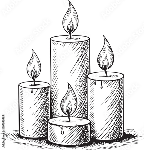 Burning Lit Candles Memorial Tribure Black and White Vector Illustration, Sketch Drawing Line Linear Symbol Icon Engraving, Hand-drawn Isolated