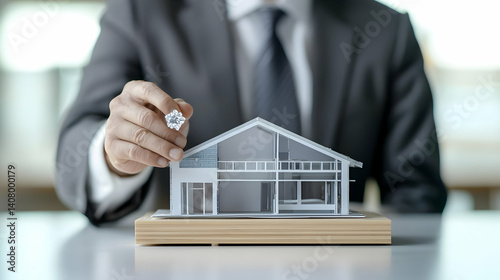 Real Estate Agent Placing Key On Architectural Model Of Modern House During Sales Meeting On Wooden Table