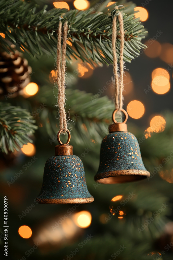 Decorative Christmas bells hanging on tree, surrounded by warm lights and pine branches, creating festive atmosphere