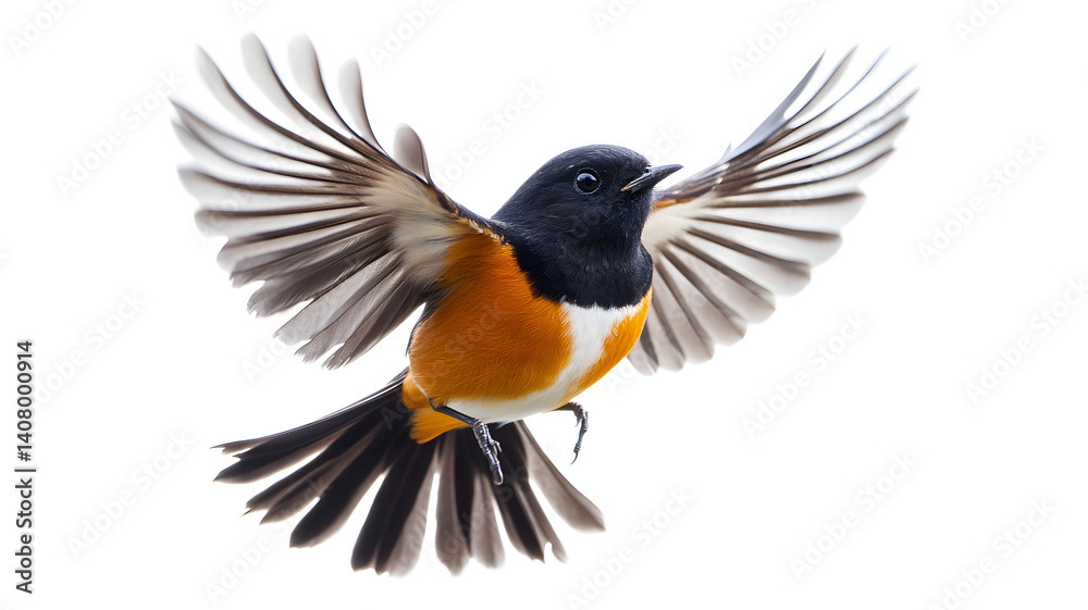 Fototapeta premium A bird with orange and black wings is flying in the air. The bird is in the middle of its flight, and its wings are spread wide. The bird's wingspan is quite large