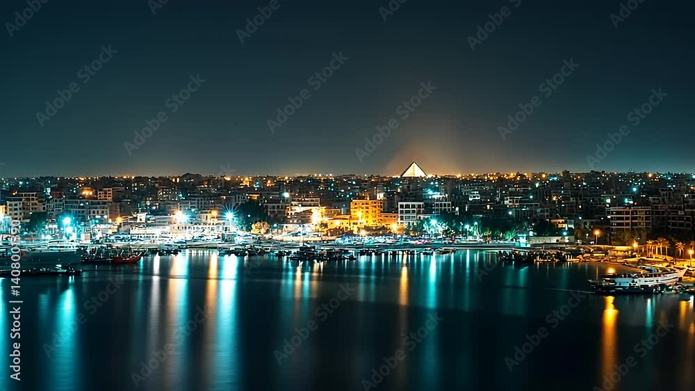 Night view of a vibrant city skyline with illuminated buildings and a pyramid in the background Night view of a vibrant city skyline with illuminated buildings and a pyramid in the background